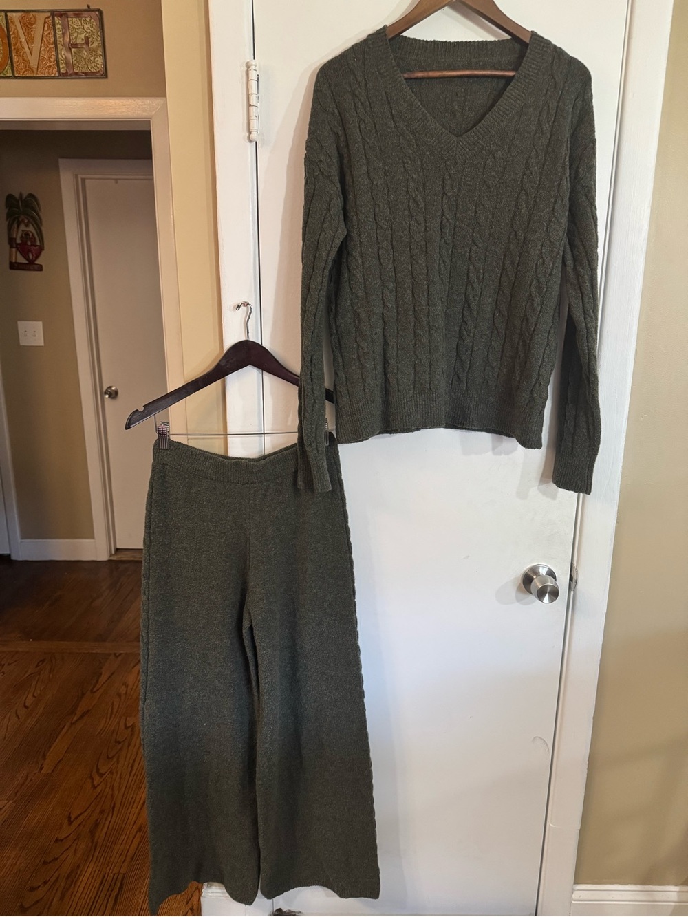Olive Cable-Knit V-Neck Sweater and Wide-Leg Pant Set